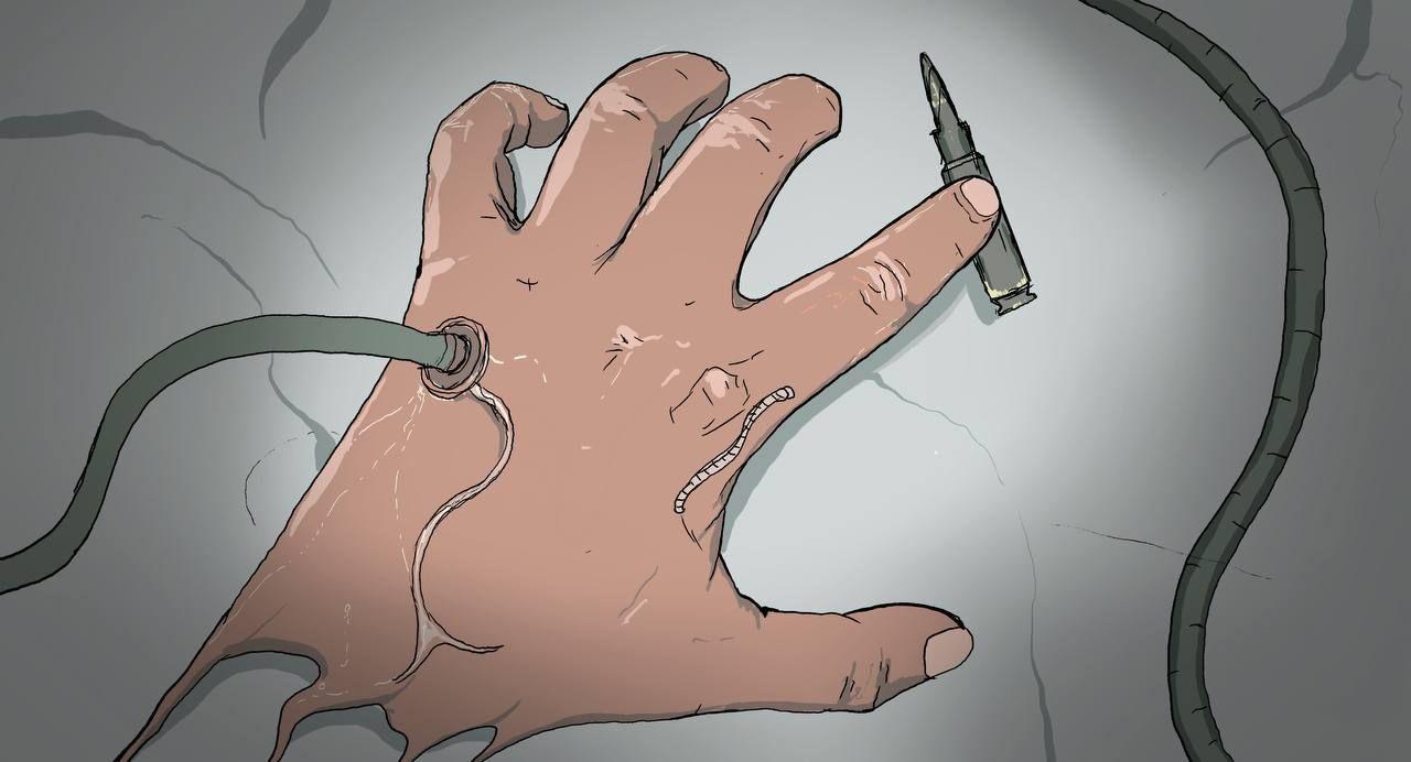 ilustracija ruke u koju je uboden špric, a pored nje je metak