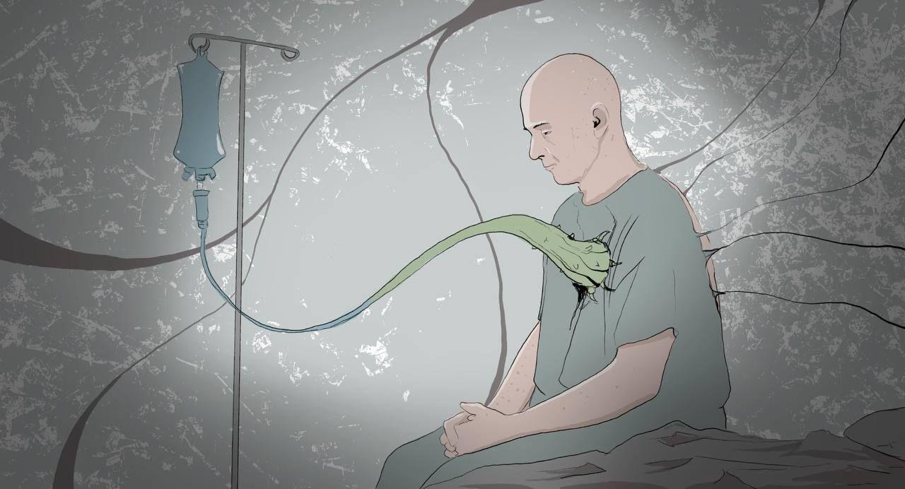 ilustracija muškarca koji sedi na bolničkom krevetu, a na srcu mu je otvorena rana kao da je ušla neka životinja iz horor filmova