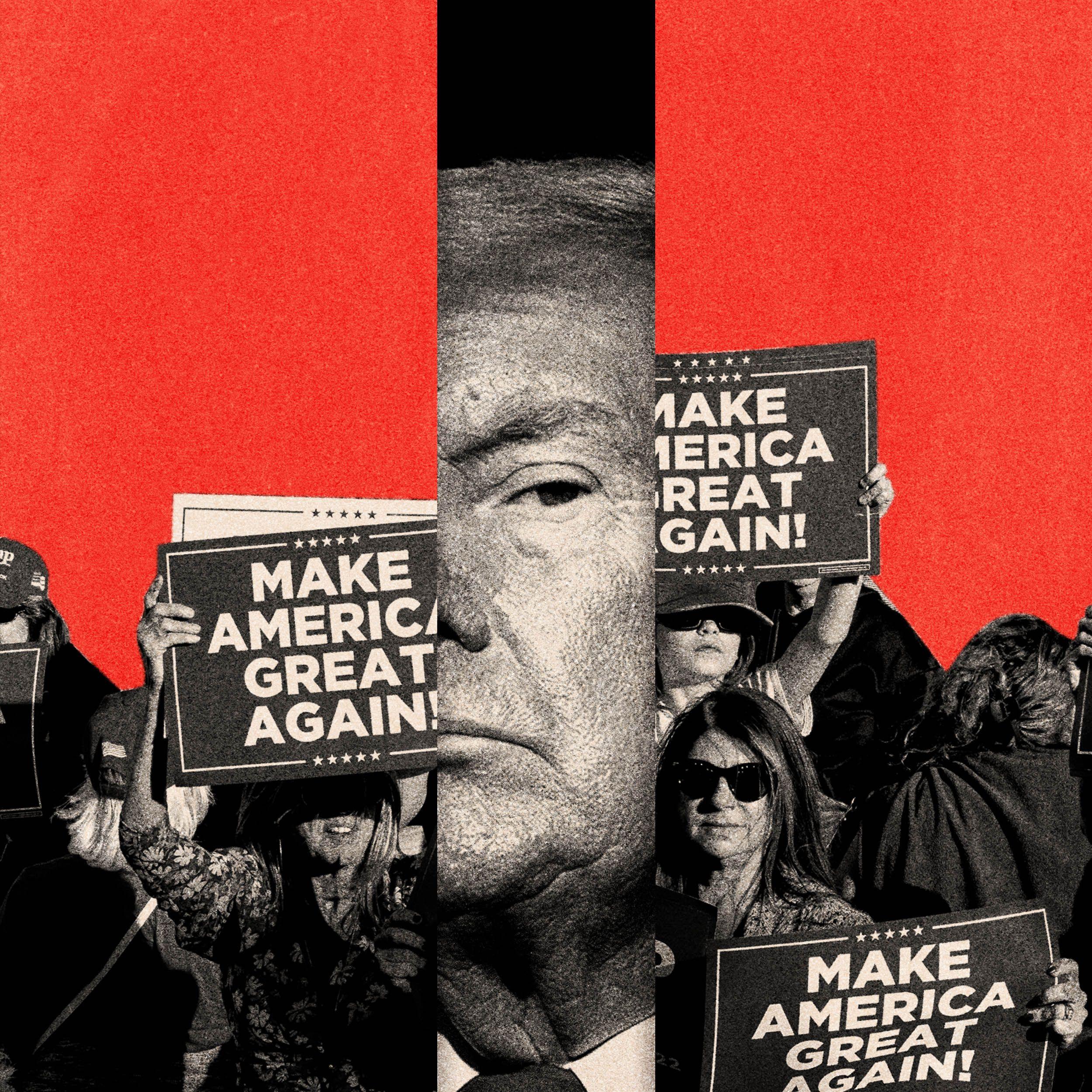 Obrađena slika koja prikazuje deo Trampovog lica u sredini, okružen gomilom koja drži transparente Maga sa obe strane