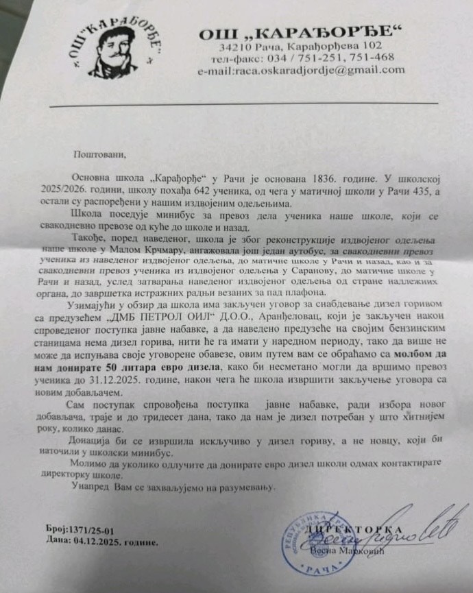 Zahvaljujući donaciji „četa đaka” pošteđena „statusa pešaka”: Privrednici iz Rače obezbedili gorivo za učenike škole „Karađorđe” 2 Zahvaljujući donaciji „četa đaka” pošteđena „statusa pešaka”: Privrednici iz Rače obezbedili gorivo za učenike škole „Karađorđe” 2