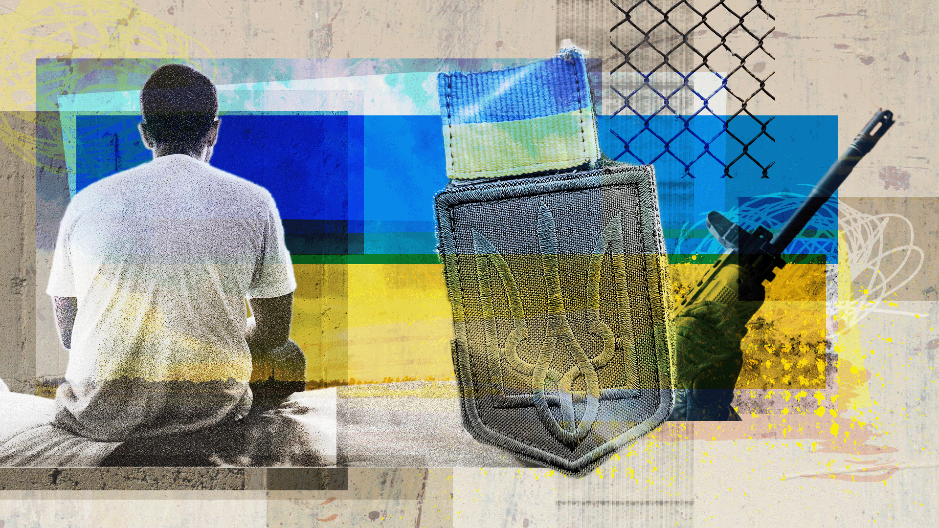 Muškarac u beloj majici sedi leđima okrenut kameri, a pored njega je kolaž zastave i značke koju nose ukrajinski vojnici