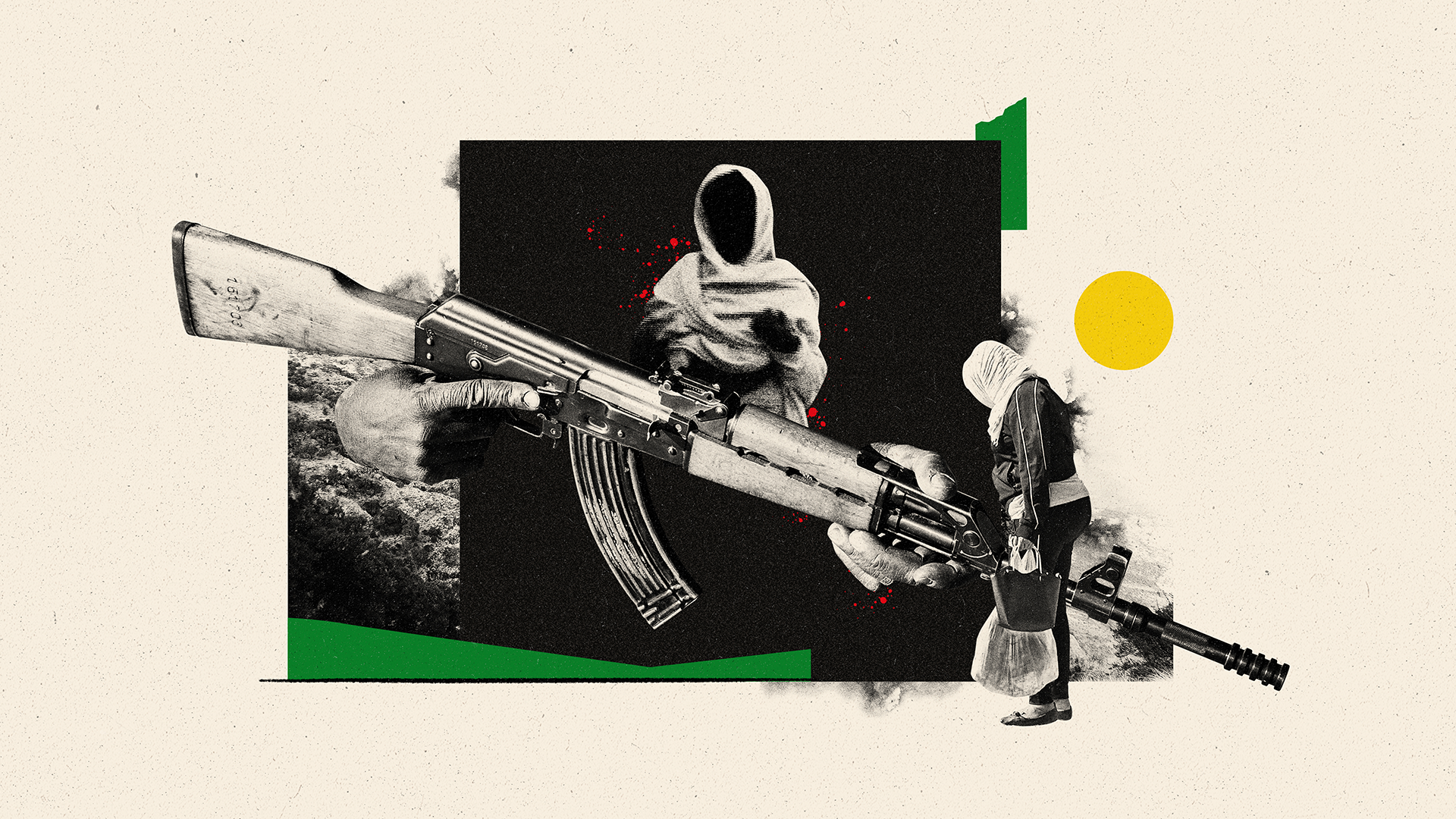 ruka na automatskoj pušci AK-47, sa dve žene čija se lica ne vide. Obe žene imaju bele marame koje pokrivaju glave i ramena.