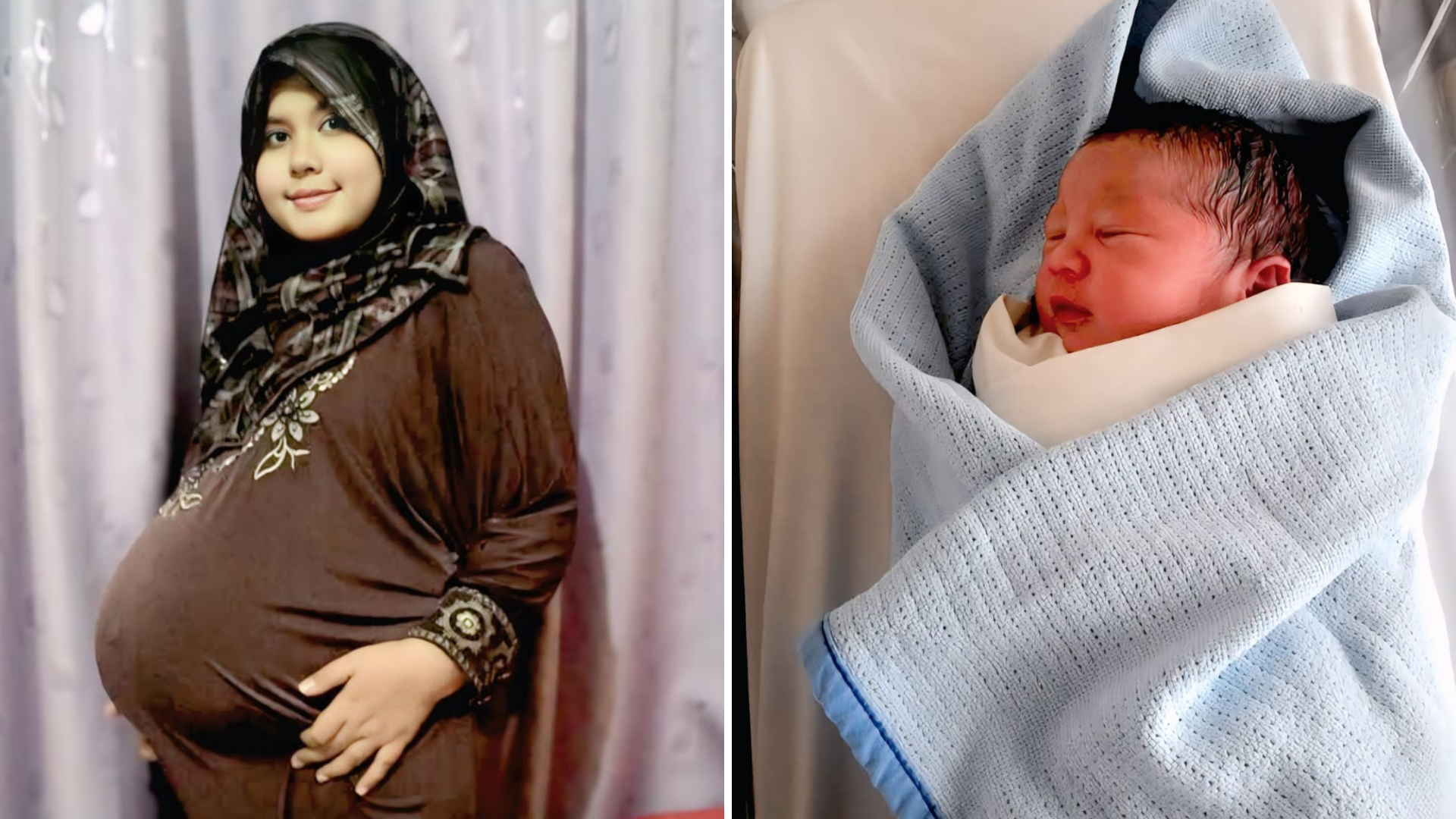 Trudna Nur na levoj fotografiji i beba umotana u ćebe na desnoj fotografiji