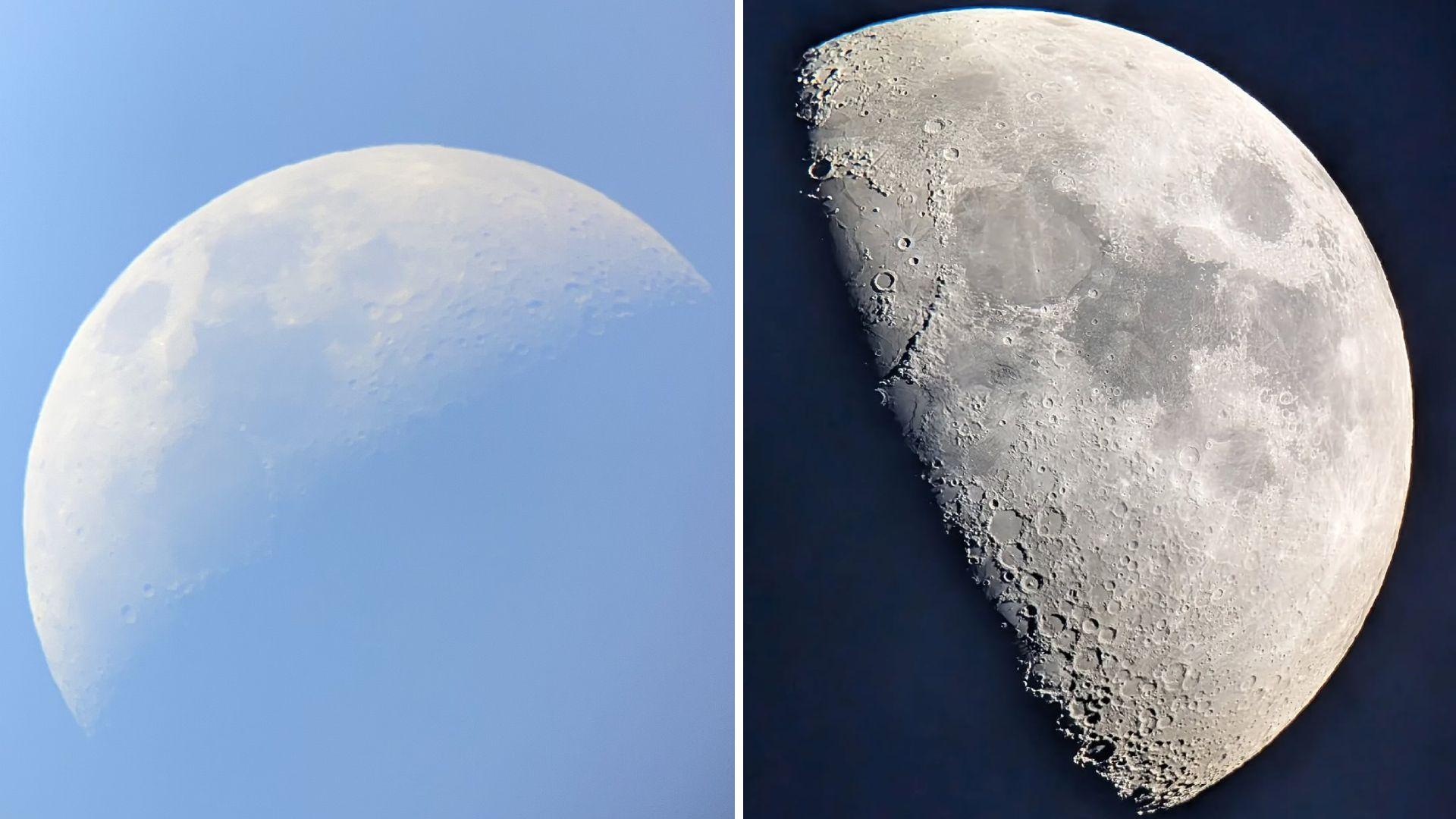 Levo: fotografija Meseca koja prikazuje neke konture površine, snimljena pametnim telefonom kroz teleskop od 60 mm; desno: fotografija Meseca sa vidljivijim složenijim detaljima, snimljena pametnim telefonom kroz teleskop od 25 cm.