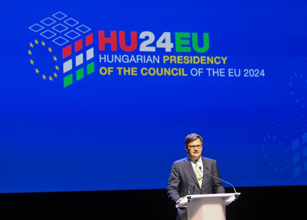 epa11451096 Permanent Representative of Hungary to the EU Balint Odor speaks during an event to mark the beginning of the Hungarian presidency of the European Union in the Bozar Centre for Fine Arts in Brussels, Belgium, 01 July 2024. Hungary takes over the six-month rotating presidency of the European Union (EU) Council from Belgium on 01 July. 