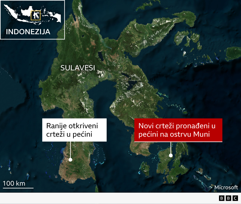 Najstarija otkrića pećinske umetnosti na Sulavesiju, Indonezija. Mapa u satelitskom stilu prikazuje indonežansko ostrvo Sulavesi i okolno more, gledano odozgo sa zelenim kopnom i tamnoplavim okeanom. Umetnuti deo u gornjem levom uglu je mala mapa Indonezije sa žutim okvirom koji ističe lokaciju Sulavesija. Veliki beli tekst označava glavno ostrvo „Sulavesi“. Blizu jugozapadnog dela Sulavesija, bela tačka i bela etiketa glase „Prethodna otkrića pećinske umetnosti“. Na jugoistoku, na manjoj susednoj kopnenoj masi, druga bela tačka je povezana sa podebljanom crvenom etiketom na kojoj piše „Nova pećinska umetnost pronađena na ostrvu Muna“. U donjem levom uglu, skala prikazuje „100 km“ iznad „100 milja“.