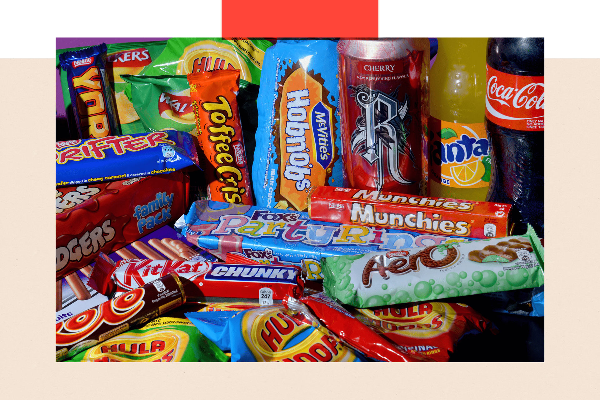 Čokoladice, čips, koka-kola, fanta