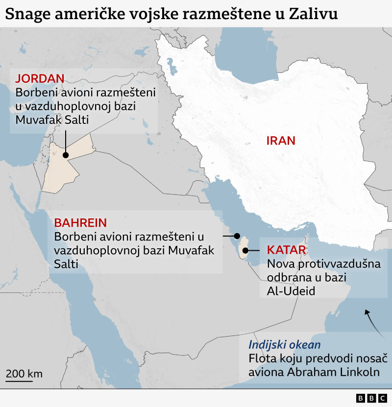 Mapa Bliskog istoka koja prikazuje nedavno raspoređivanje američke vojske oko Irana, u Zalivu. Oznake na mapi govore da su u Jordanu borbeni avioni raspoređeni u vazduhoplovnoj bazi Muvafak Salti; u Bahreinu su razarači i borbeni brodovi u luci Kalifa bin Salman; u Kataru je nova protivvazdušna odbrana instalirana u vazduhoplovnoj bazi al-Udeid. A u Indijskom okeanu, flotu predvodi američki razbojnik „Abraham Linkoln“.