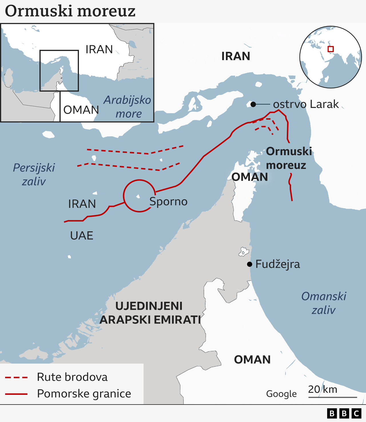Mapa prikazuje gde se Ormuski moreuz nalazi u Omanskom zalivu, ključnoj ruti za globalni transport nafte. Moreuz se nalazi između Irana i poluostrva Ujedinjenih Arapskih Emirata i Omana. Mapa takođe prikazuje zemlje u širem regionu Bliskog istoka, uključujući Saudijsku Arabiju, Irak, Jordan i Izrael.