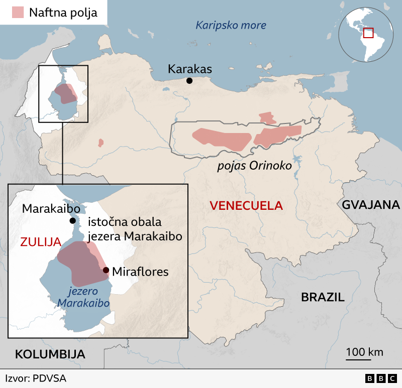 Ko se u Venecueli uzda u Trampa da će doneti oporavak naftne industrije 6 Mapa koja prikazuje jezero Marakaibo na severoistoku Venecuele, pored Karipskog mora. Rezerve nafte su označene ispod jezera i u pojasu Orinoko u Venecueli na istoku. Država Zulija je označena oko većeg dela jezera. Susedne zemlje su takođe označene - Gvajana na istoku, Brazil na jugu i Kolumbija na zapadu.