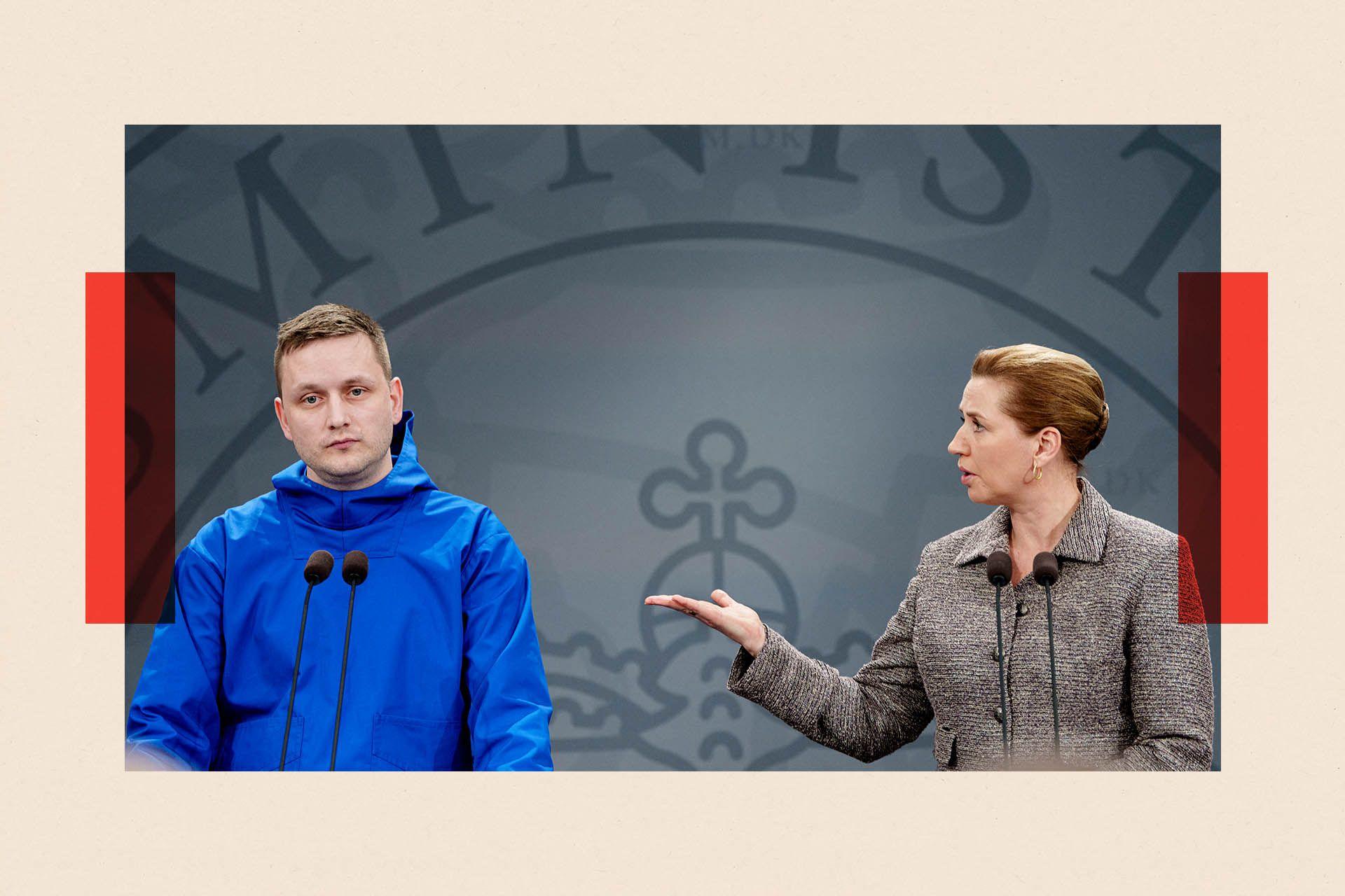 Muškarac u plavoj jakni i žena u odelu za govornicom