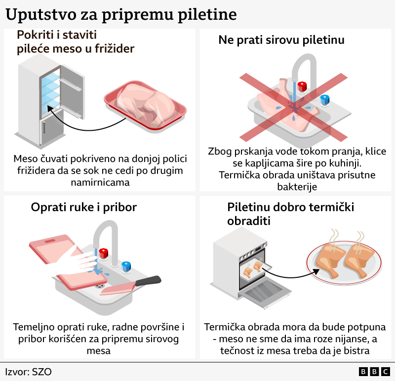 uputstvo za spremanje piletine, da li se piletina pere pre spremanja, treba li prati piletinu pre spremanja, grafika prikazuje kako treba pravilno i zdravo čuvati piletinu pre kuvanja ili pečenja
