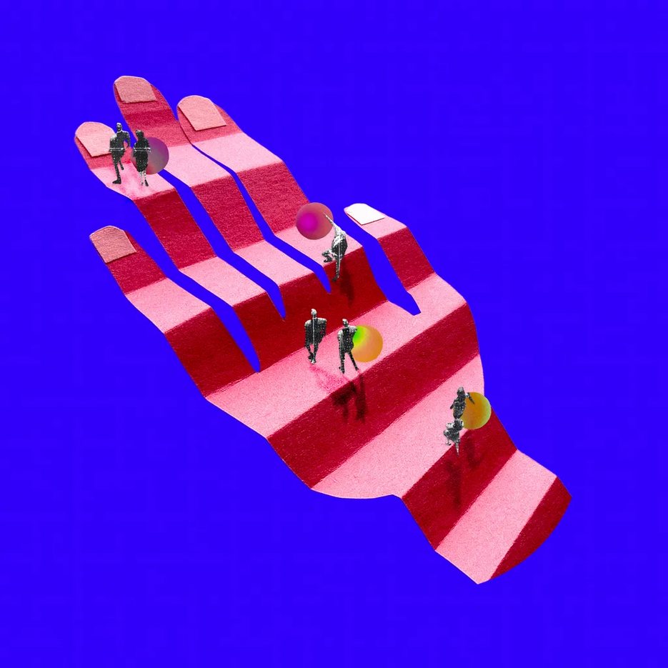 Ruka kao stepenice, crvene boje, na plavoj pozadini, ljudi hodaju na njoj