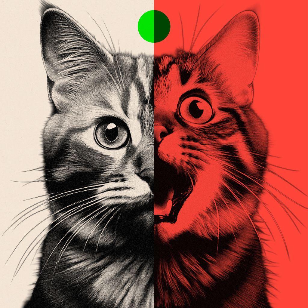 Ilustracija mačke, pola fotografije crno belo, pola crveno belo