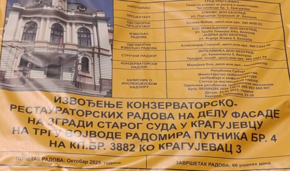 Stručne procedure uslovile izmenu dinamike na fasadi zgrade Starog suda: Kragujevačka vlast demantuje Jekića (SSP) o dinamici radova 9