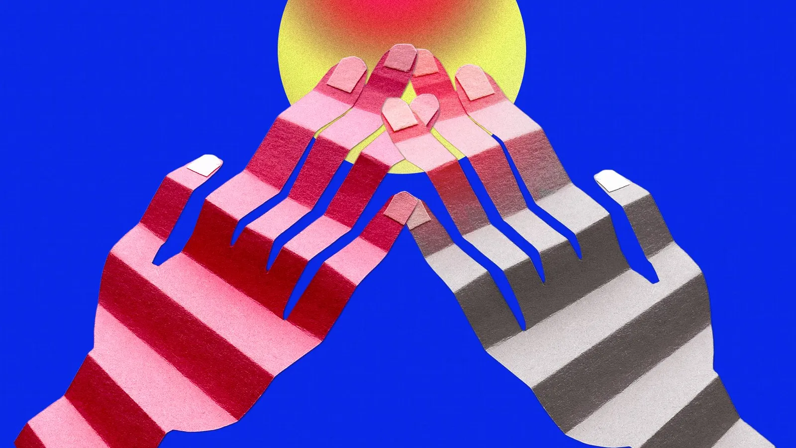 Grafika dve ruke koje s eprstima spajaju u vrhu, iza njih je plava pozadina i na vrhu sunce