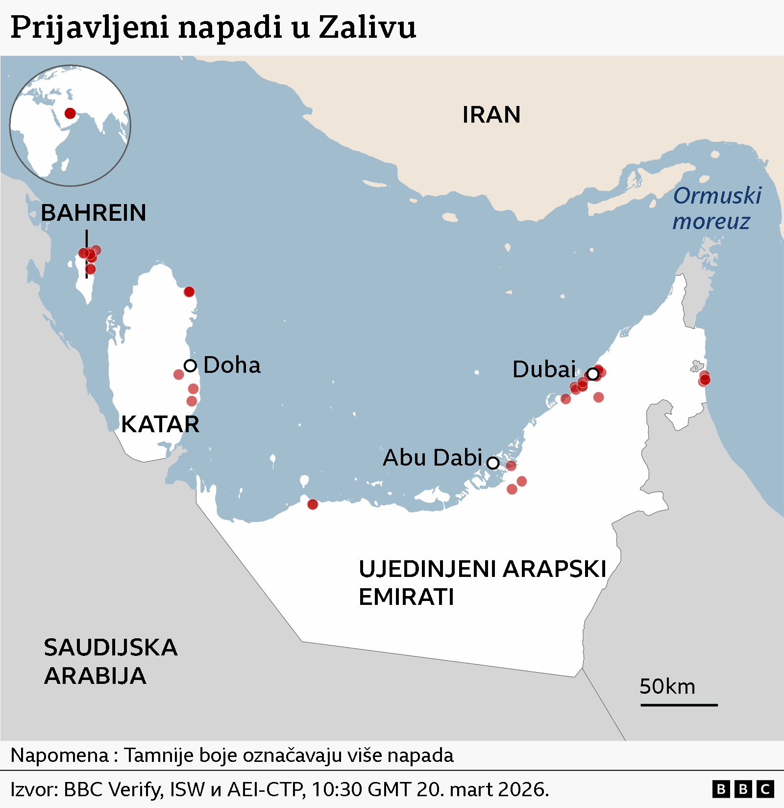 Zašto zalivske zemlje ne uzvraćaju Iranu 2 Mapa prijavljenih napada u Zalivu