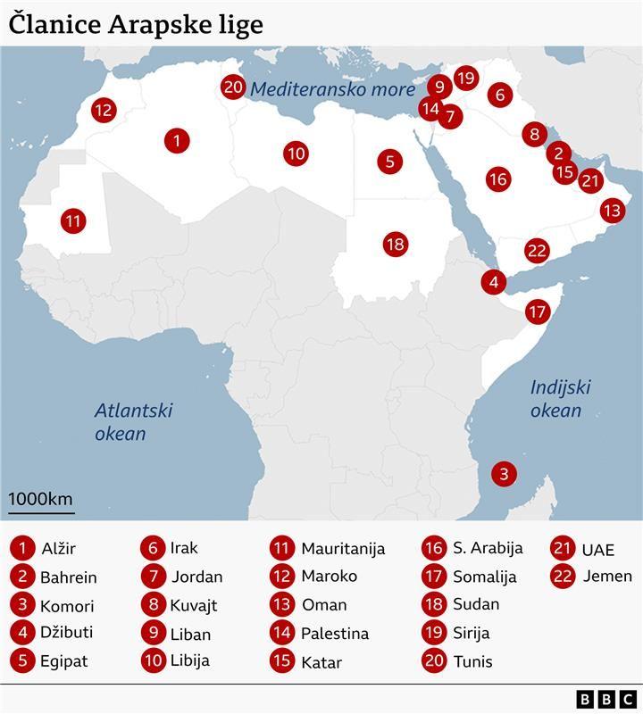 Arapska liga: Od podrške Palestini, do protivljenja ratu u Iranu 4 Mapa koja prikazuje sve članice Arapske lige