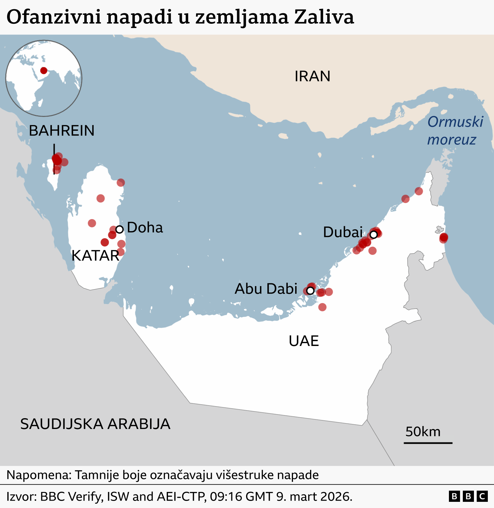 Rat u Ormuskom moreuzu, napadi po celom Bliskom istoku 5 Mapa Bliskog istoka, gde su crvenom bojom naznačeni gradovi i oblasti koje je Iran gađao