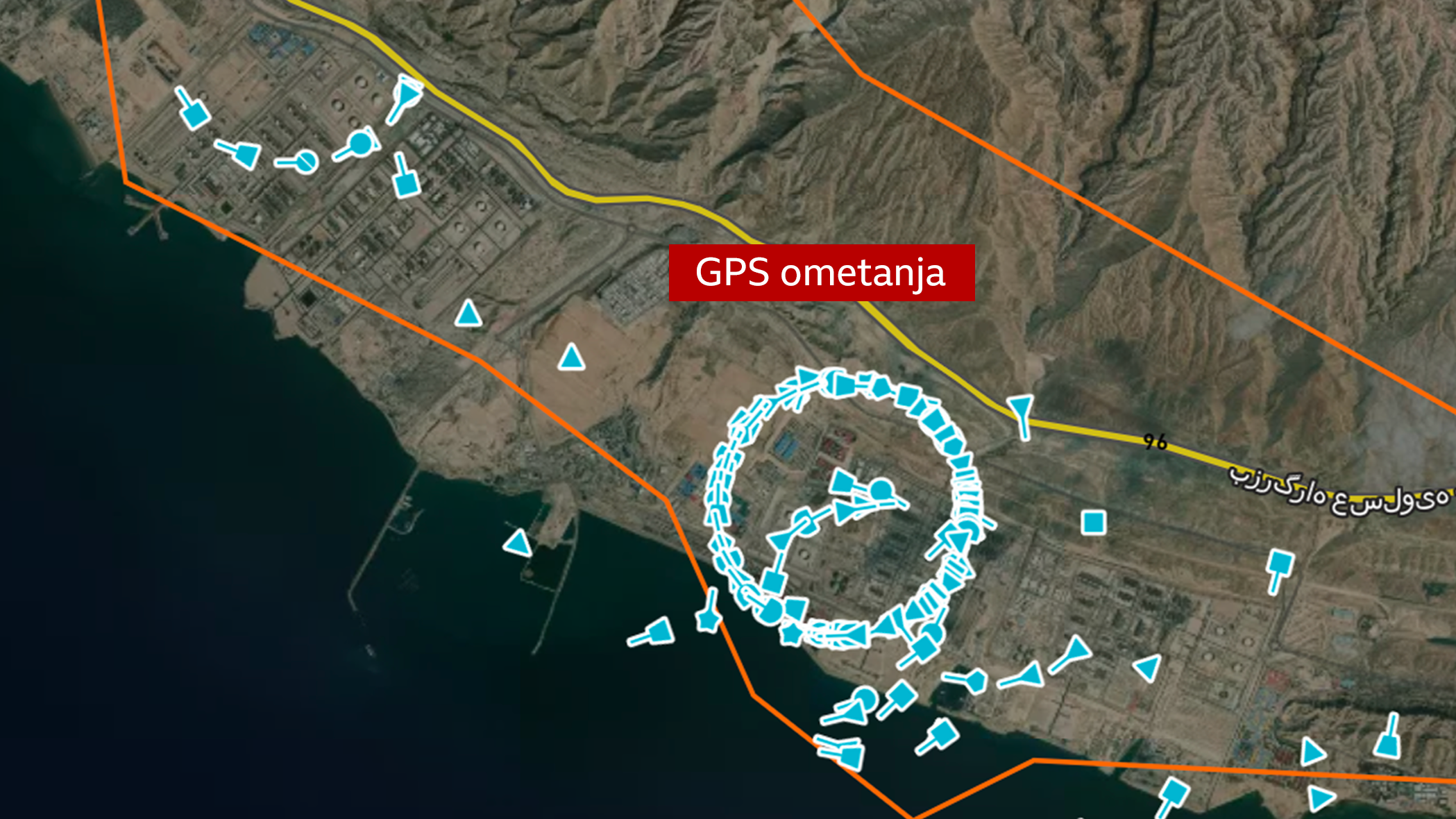 GPS ometanja: Nevidljiva bitka u ratu na Bliskom istoku 1 Mapa iranske obale sa plavim ikonama koje označavaju brodove, ali prikazuju te brodove u krugu i na kopnu.