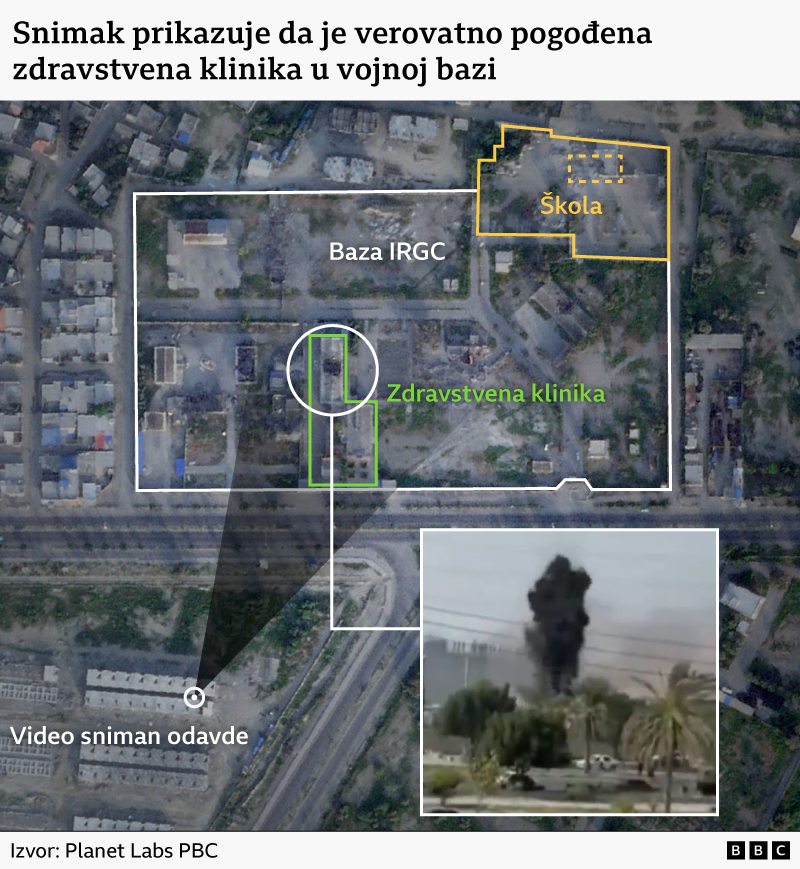 BBC Verifaj: Američka raketa pogodila vojnu bazu u blizini škole u Iranu 2 Analiza satelitskog snimka eksplozije u Iranu