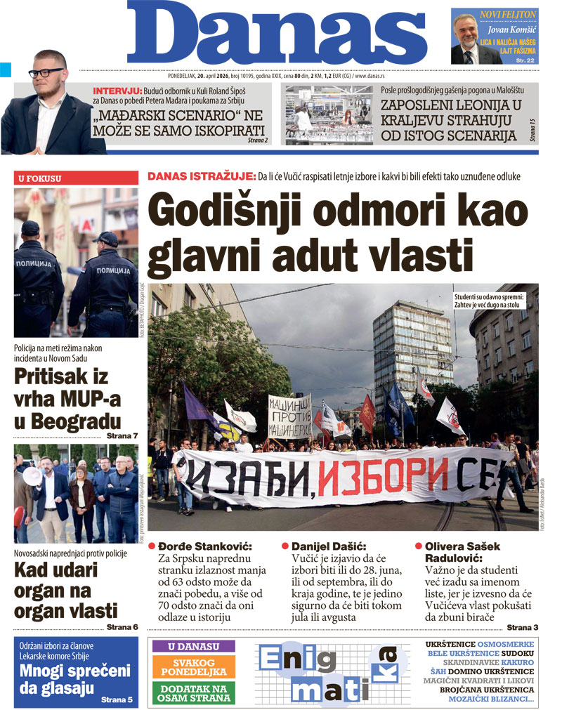 Naslovna strana za 20. april 2026. 1