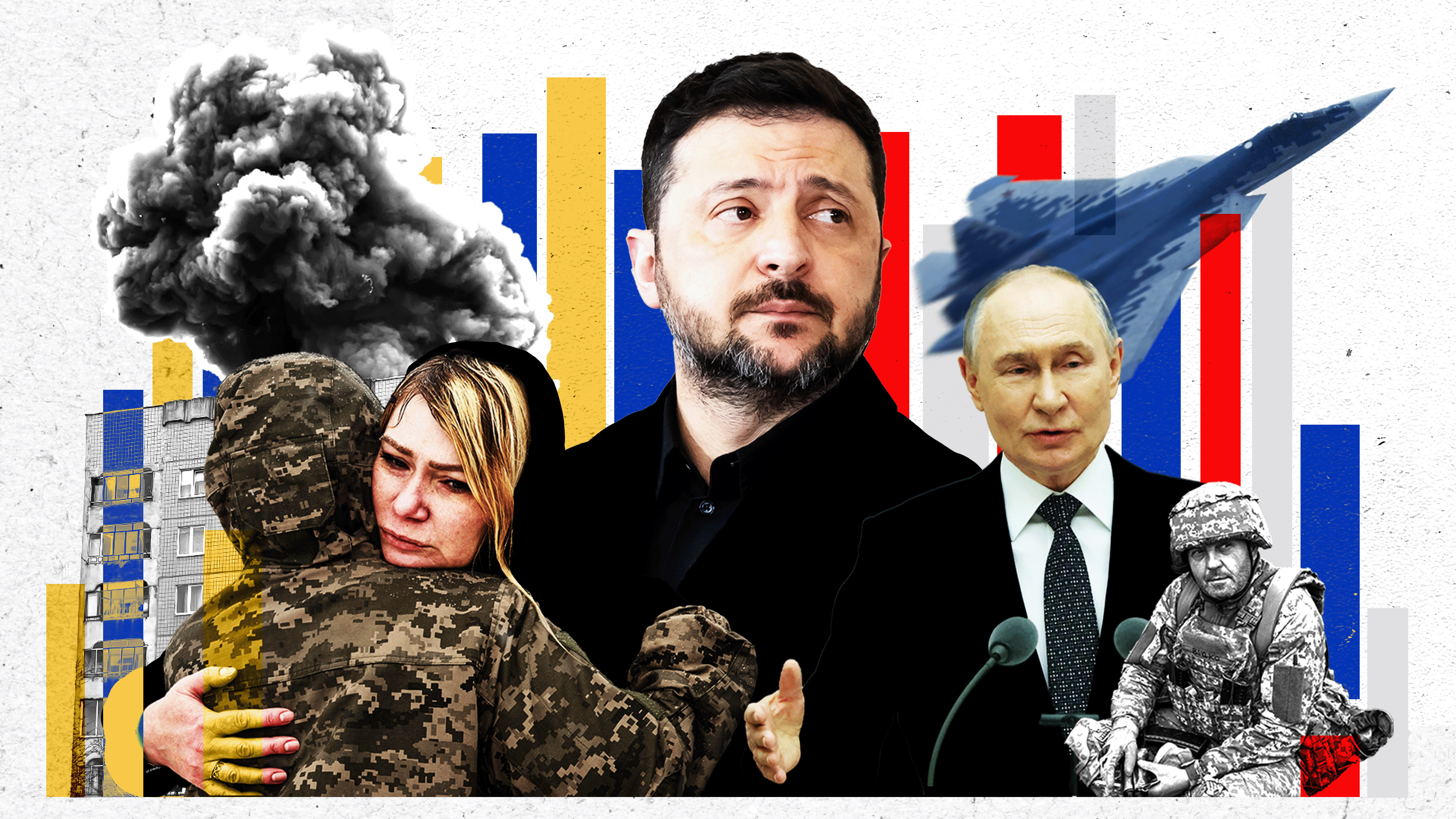Mirovni pregovori u zastoju, Rusija tvrdi da je zauzela ceo Lugansk 1 Kolaž fotografija Vladimira Zelenskog u tamnoj odeći, Vladimira Putina u odelu dok mlazni lovac leti iznad njega, sa leve strane se veliki oblak tamnog dima uzdiže iznad oštećene stambene zgrade