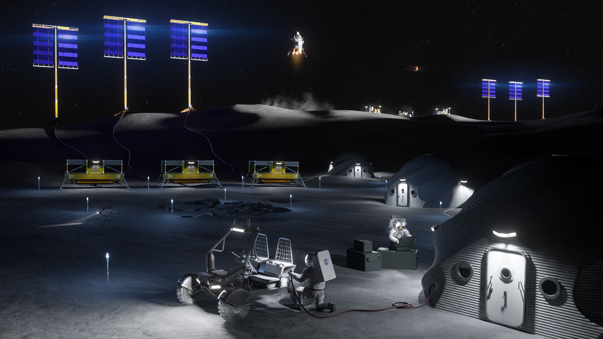 NASA predstavila plan za gradnju stalne ljudske baze na Mesecu 1 NASA je objavila vizuelne prikaze planirane baze na Mesecu, koja bi obuhvatala stambene module, sisteme za napajanje energijom i rover vozila za istraživanje površine