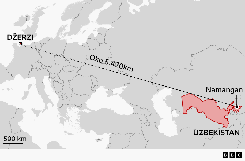 Pronalaženje redova Toma: Kako je rešena porodična misterija o sovjetskom ratnom zarobljeniku 2 mapa koja pokazuje udaljenost Džerzija od Namangana u Uzbekistanu