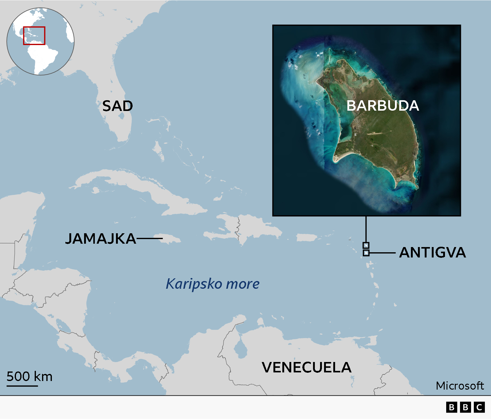 Mapa Karipskih ostrva, Jamajke, Barbude i Antigve