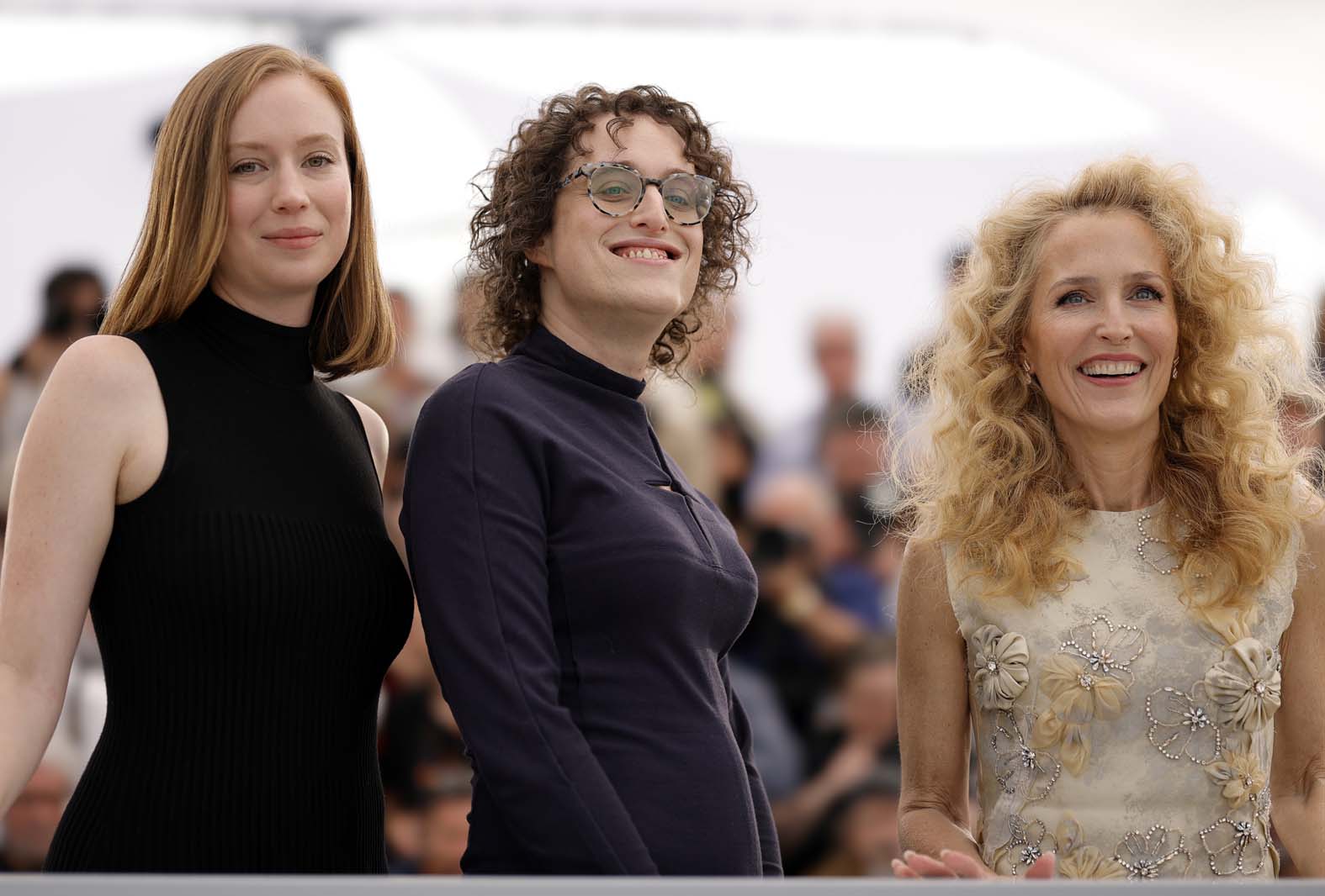 epa12952801 (L-R) Hannah Einbinder, Director Jane Schoenbrun and Gillian Anderson attend the photocall for 'Teenage Sex And Death At Camp Miasma' during the 79th annual Cannes Film Festival, in Cannes, France, 13 May 2026. The film festival runs from 12 to 23 May 2026. EPA/TERESA SUAREZ
