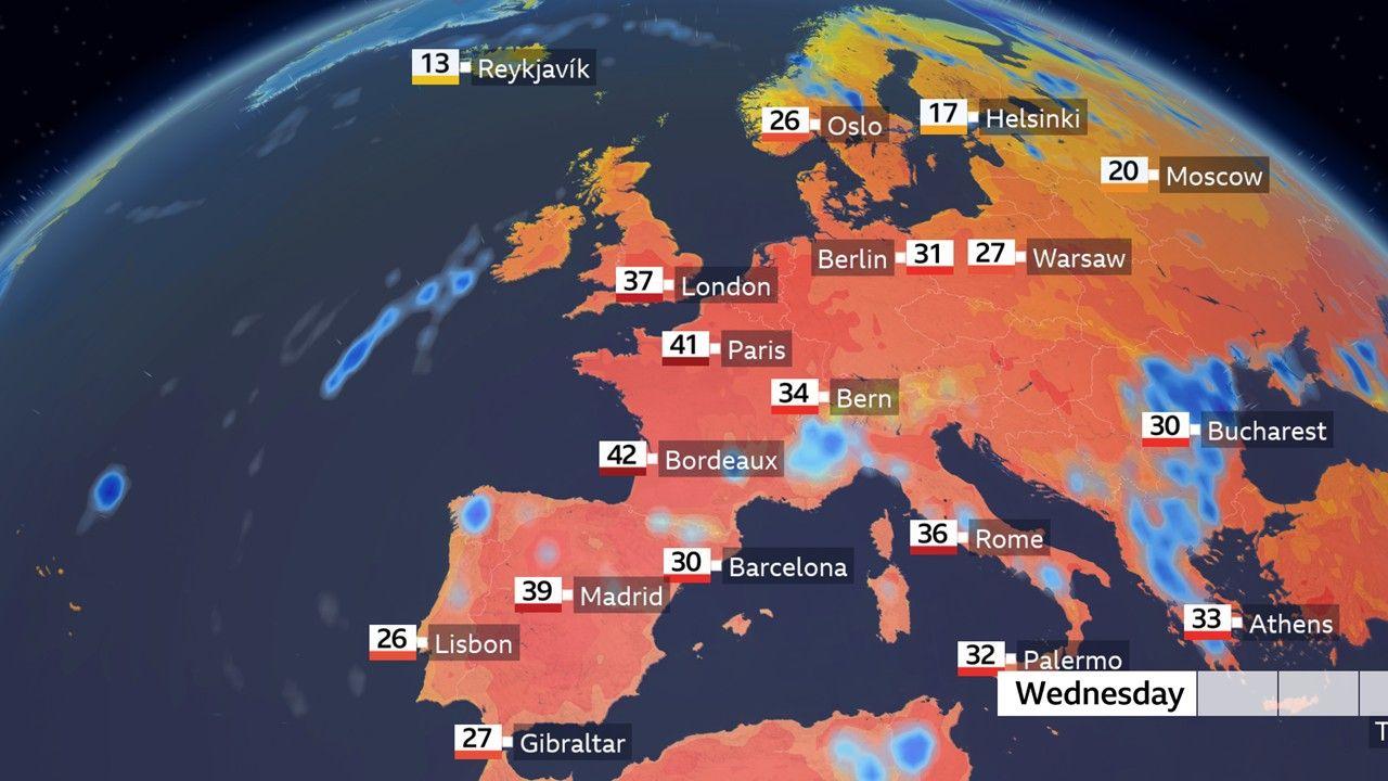 Evropa gori na 40 stepeni Celzijusa, Ajfelov toranj zatvoren zbog vrućine 3 Mapa Evrope sa temperaturama