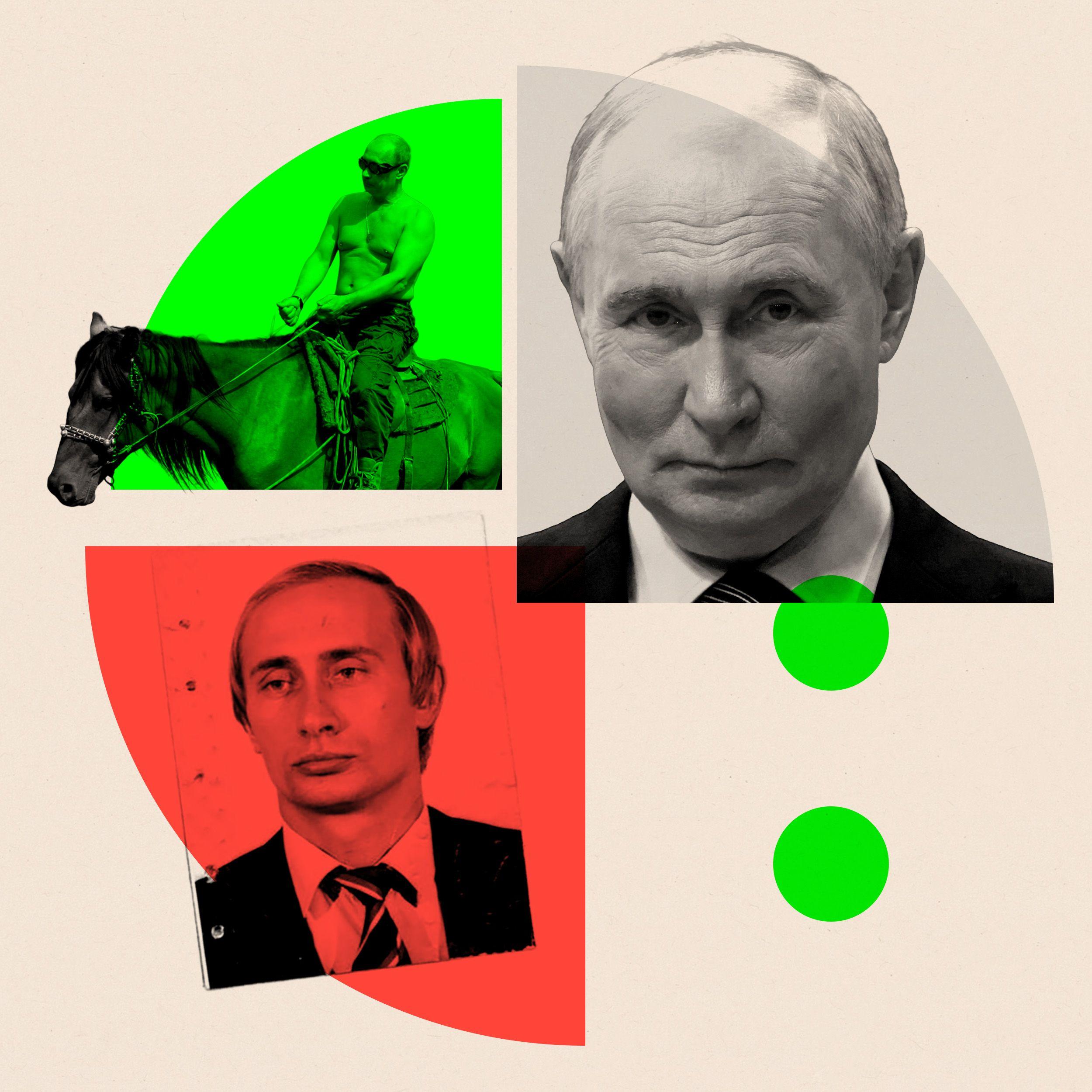 Vladimir Putin i veština ličnog marketinga 1 Tri Putinove spojene fototgrafije: u levom gornjem uglu je golih prsa na konju, u levom donjem uglu je njegova fotografija dok je bio tajni agent a u desnom gornjem uglu je u crmom odelu iz 2022.