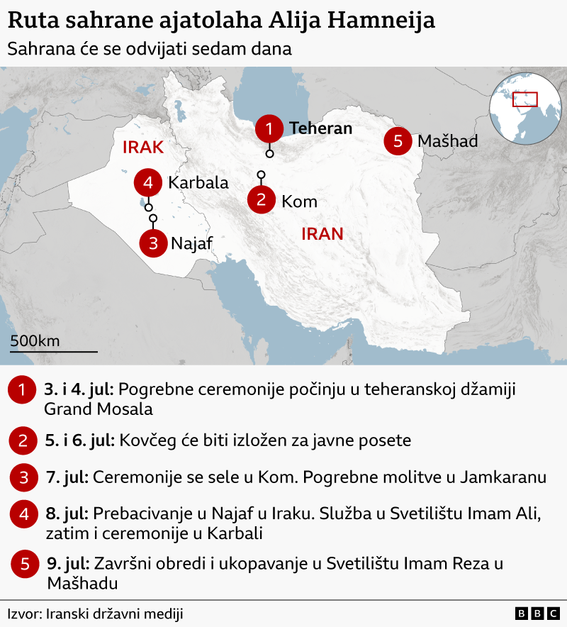 Zastave, prskalice za vodu i pozivi na osvetu: Iranci se opraštaju od ajatolaha Alija Hamneija 11 Mapa sa rutom kovčega