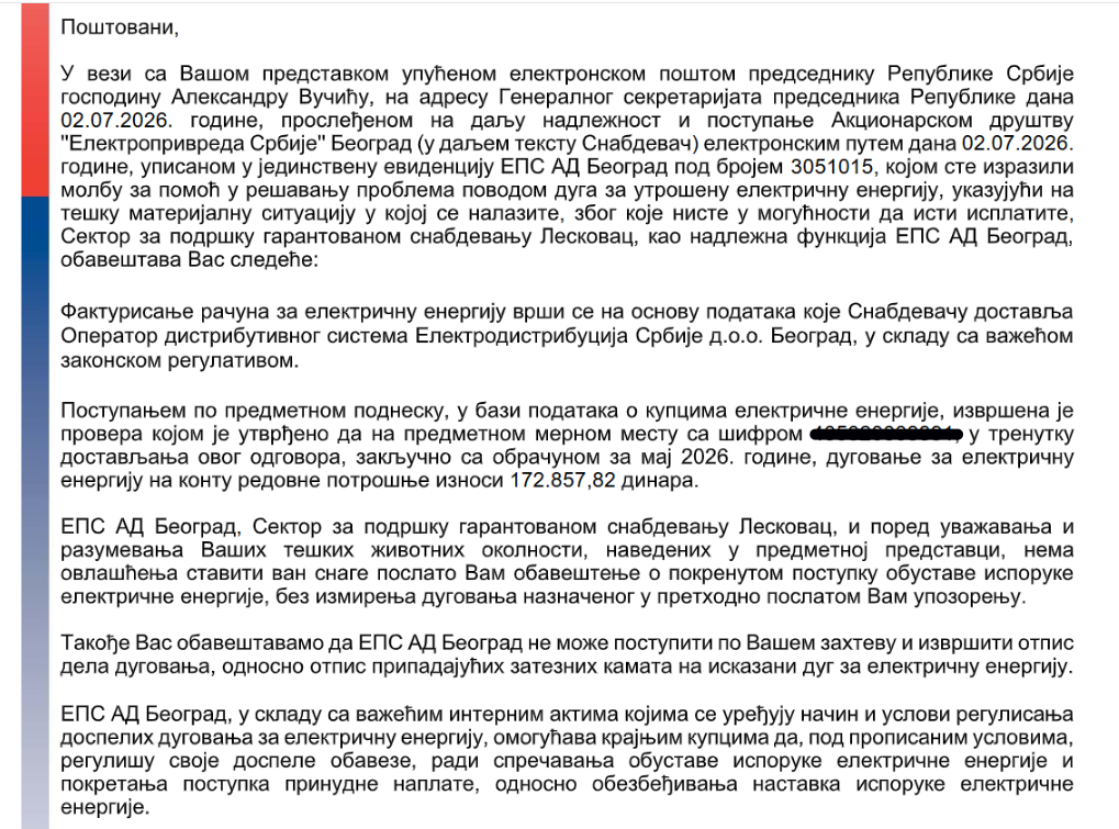 Energetski ugroženom kupcu preti isključenje struje zbog spornog duga: Nisu pomogle žalbe EPS-u, EDS-u, Zaštitniku građana, Vučiću 4