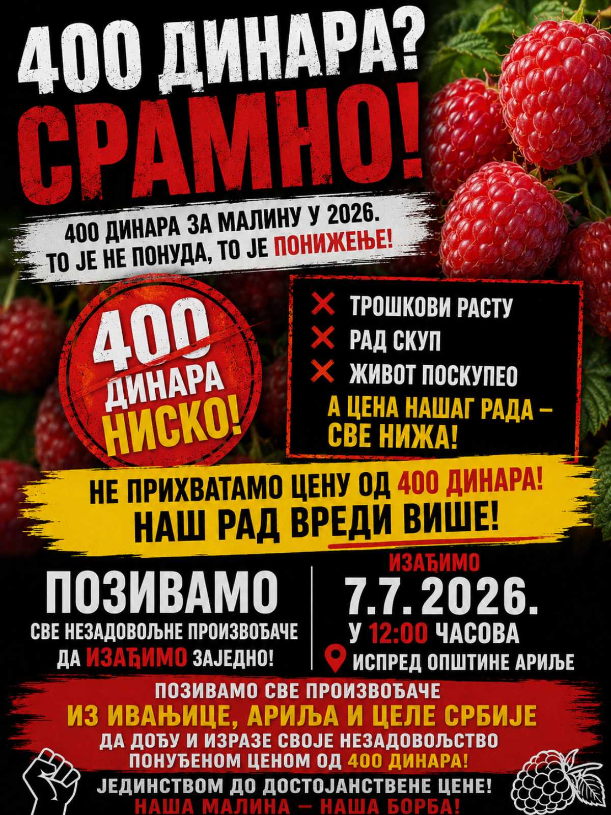 "400 dinara za maline? To je poniženje!": Udruženje malinara Vilamet poziva na protest ispred opštine Arilje 2 "400 dinara za maline? To je poniženje!": Udruženje malinara Vilamet poziva na protest ispred opštine Arilje 2